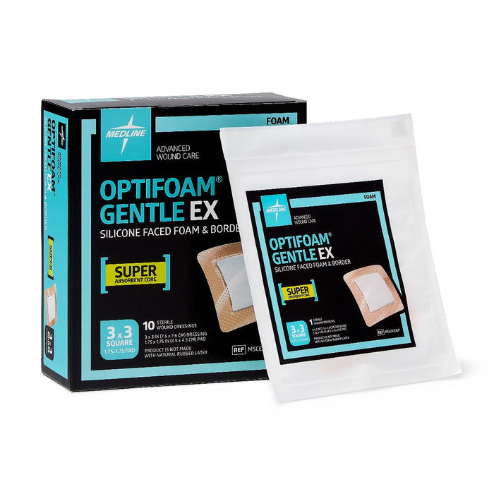 Medline Optifoam Gentle EX Bordered Foam Adhesive Dressing, 3" x 3" (100 Count)