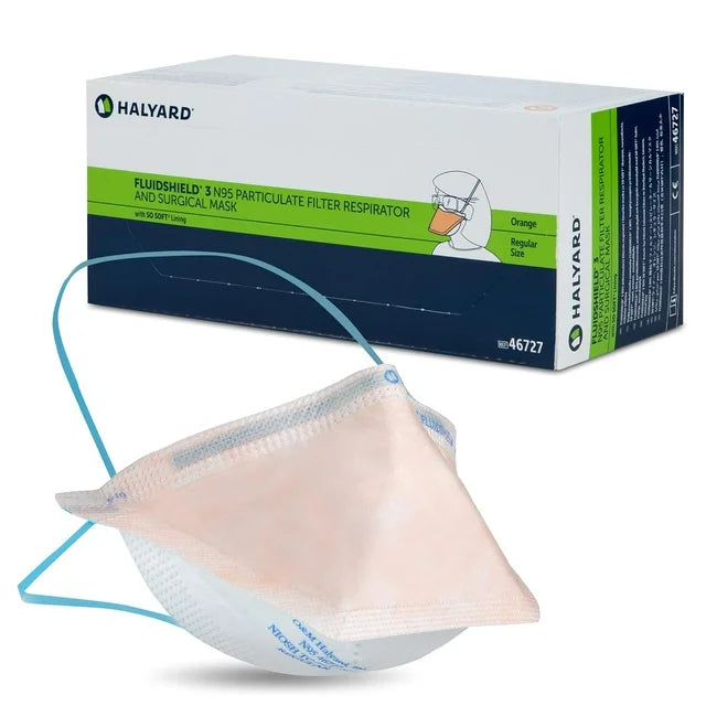 HALYARD FLUIDSHIELD N95 Respirators, ASTM Level 3 Mask, Regular Size, Orange, 46727 (Case of 210)