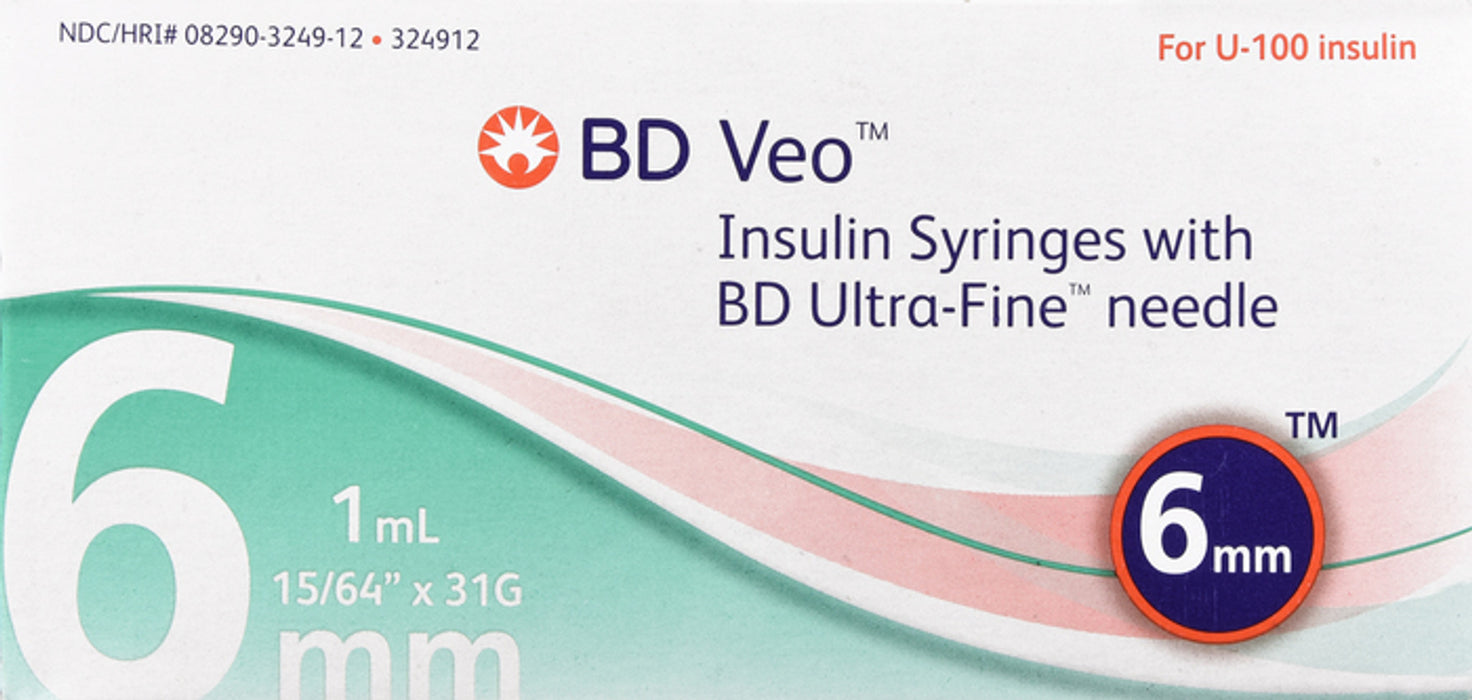 BD INSULIN SYRING 6MM 31GX1ML 100CT syringe and needle,insulin,1mL MISCELL DISP SYRIN 31GX15/64" (324912)
