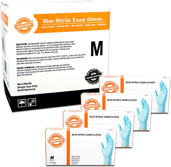 SupplyMaster Blue Nitrile Exam Disposable Gloves - 3 Mil, Medium, Case of 400