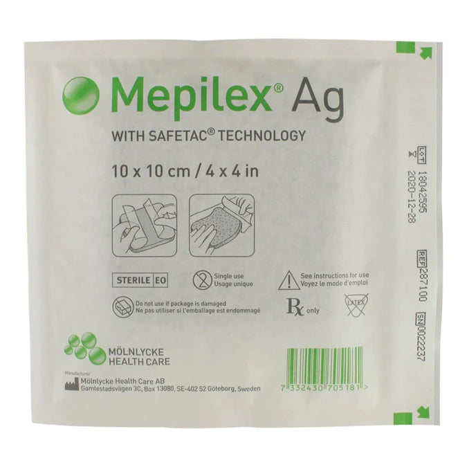 Molnlycke Mepilex AG Foam Dressing W/Silver 4" X 4" 5/bx