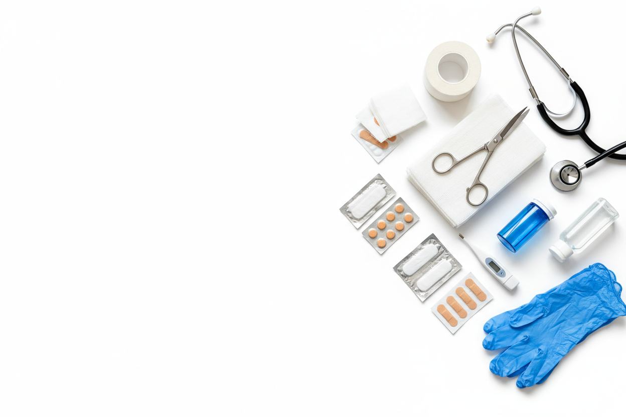 lay flat of medical supplies on the right side of the image
white background.